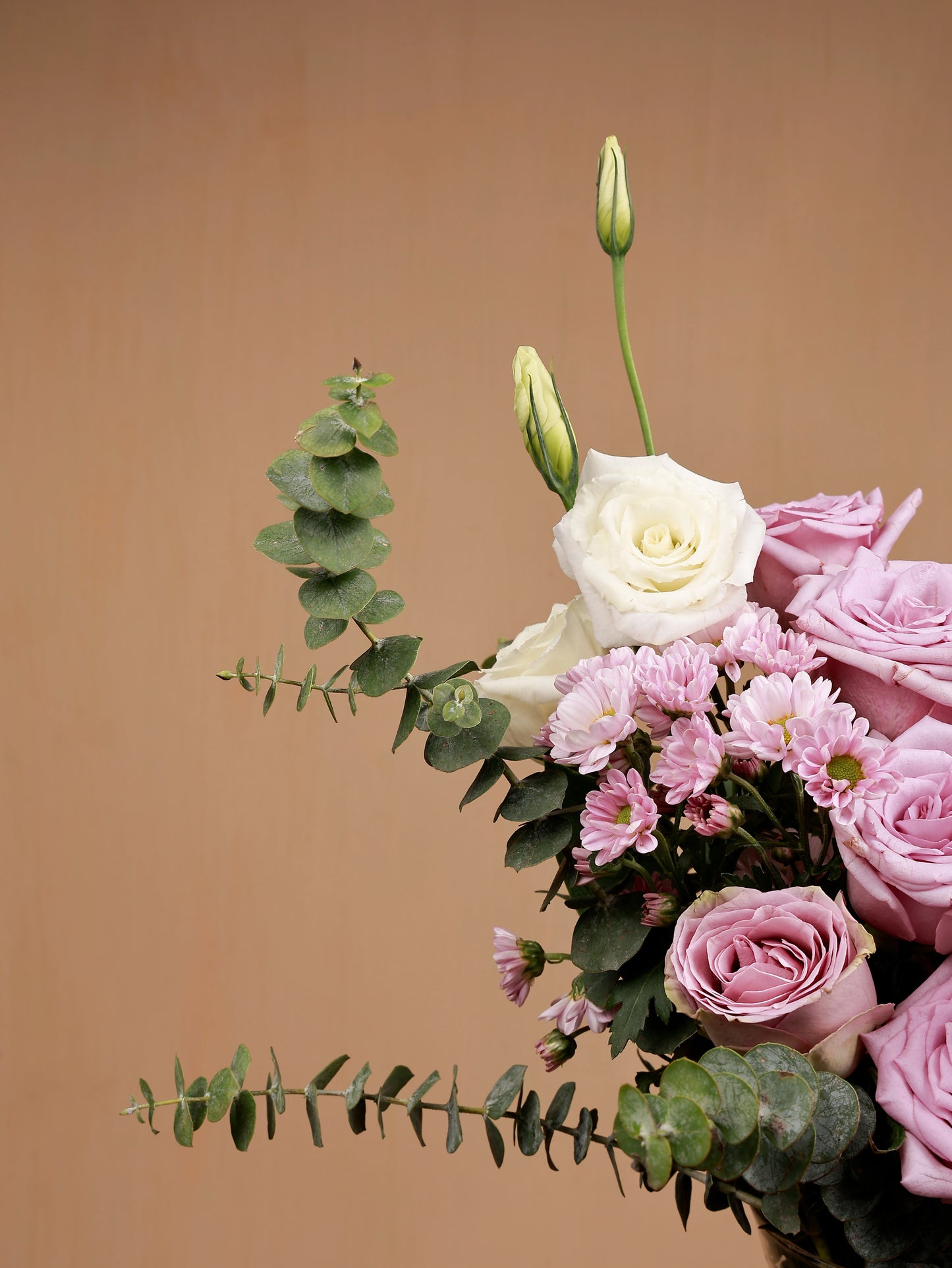 closeup of pink flowers with white eustoma