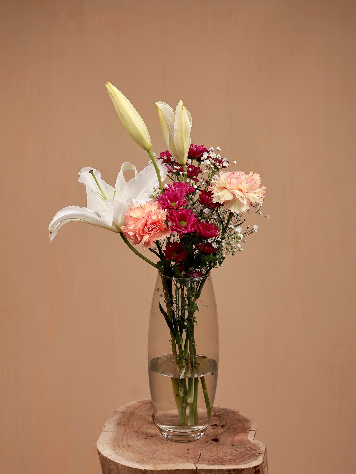 Lily with carnation and santini in glass vase