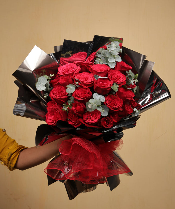 Deep red rose bouquet for Karwa Chauth