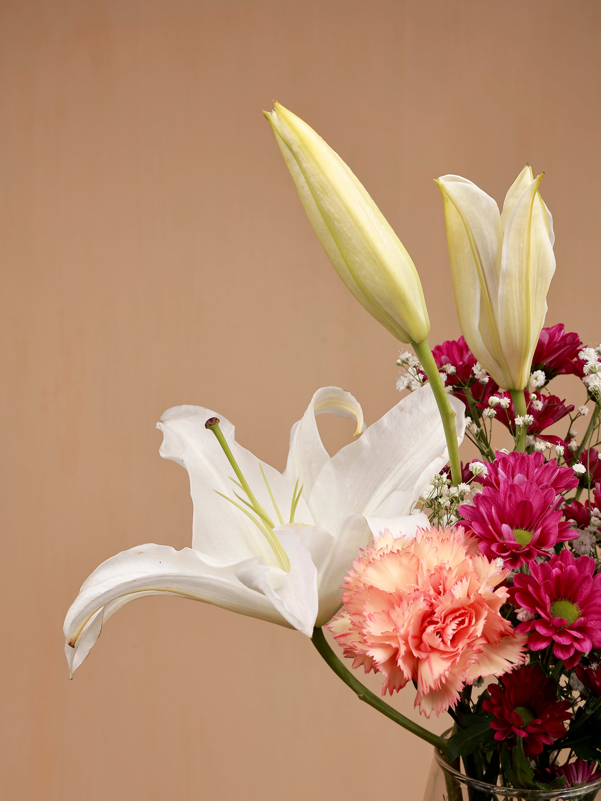 Closeup of white lily with orange carnation and pink santini