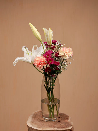 Lily with carnation and santini in glass vase